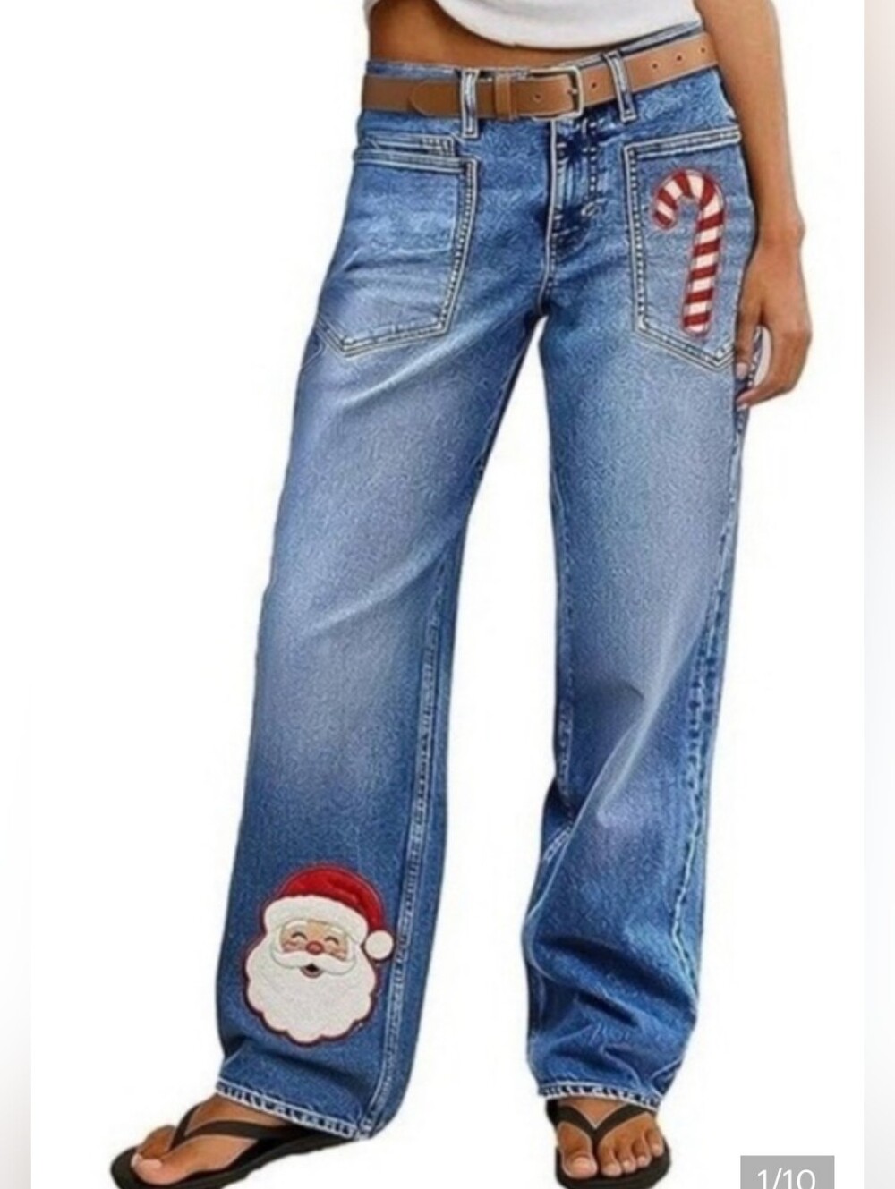 Flamingals Christmas Santa Embroidered Midrise Straight Leg Jeans NWT Medium